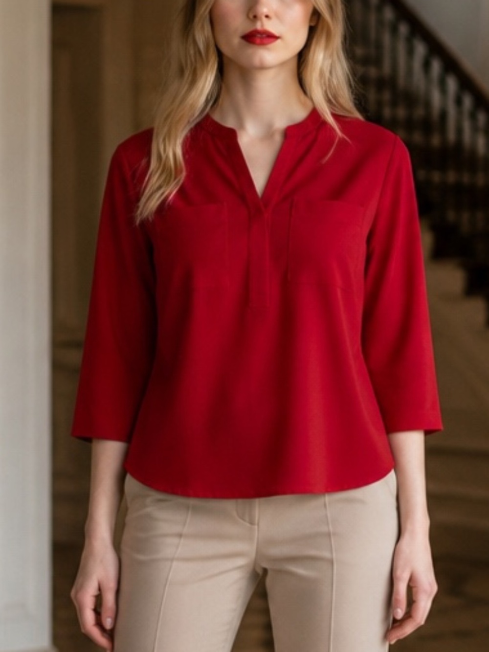 Van Heusen Red Split-Neck Blouse | Workwear Staple | Size Small/Petite